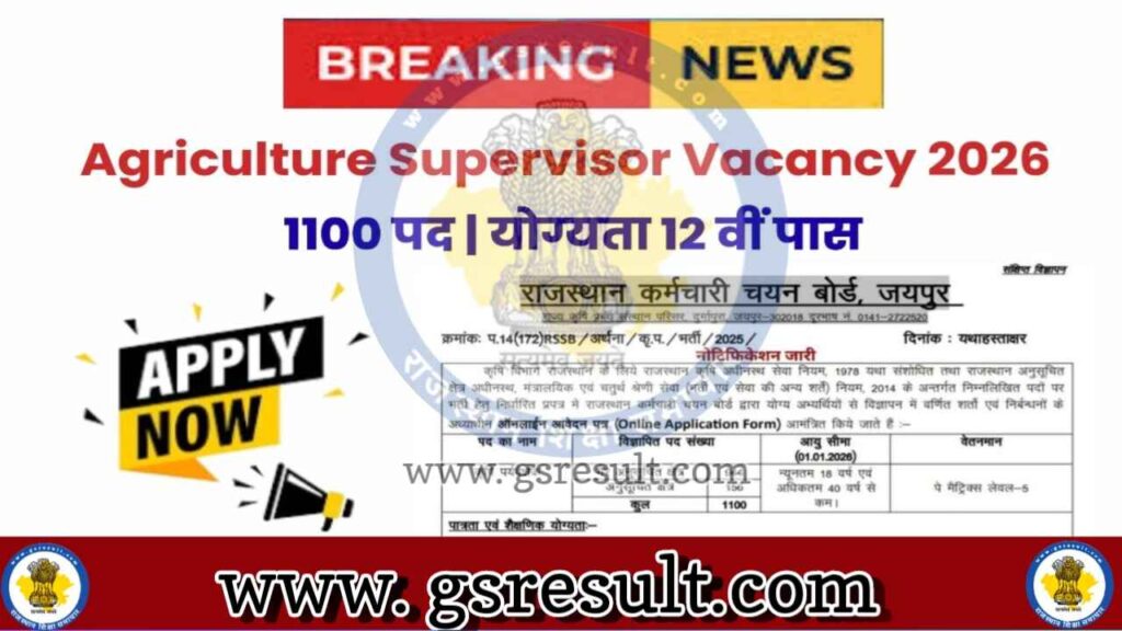 Rajasthan Agriculture Supervisor Recruitment 2026 